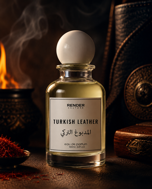 Perfume bottle labeled 'Turkish Leather' by Render Culture with a dark background