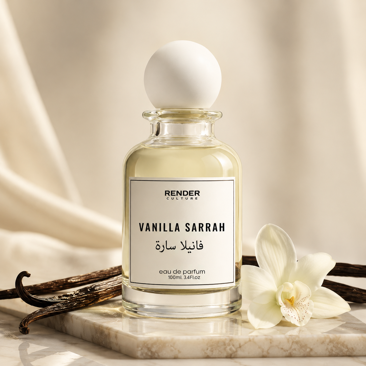 Vanilla Sarrah eau de parfum bottle with vanilla beans and an orchid on a marble surface.