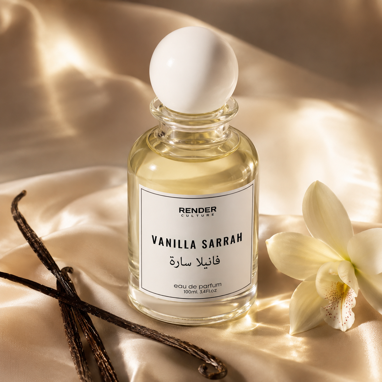 Vanilla sarah perfume bottle with vanilla beans and a flower on a soft background
