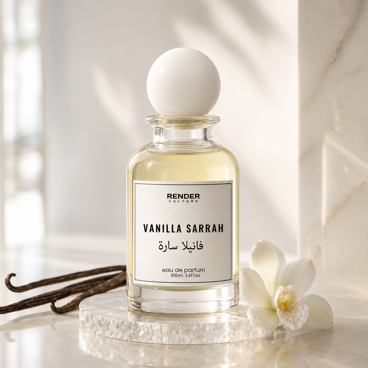 Perfume bottle labeled 'Vanilla Sarrah' with vanilla beans and an orchid on a light background