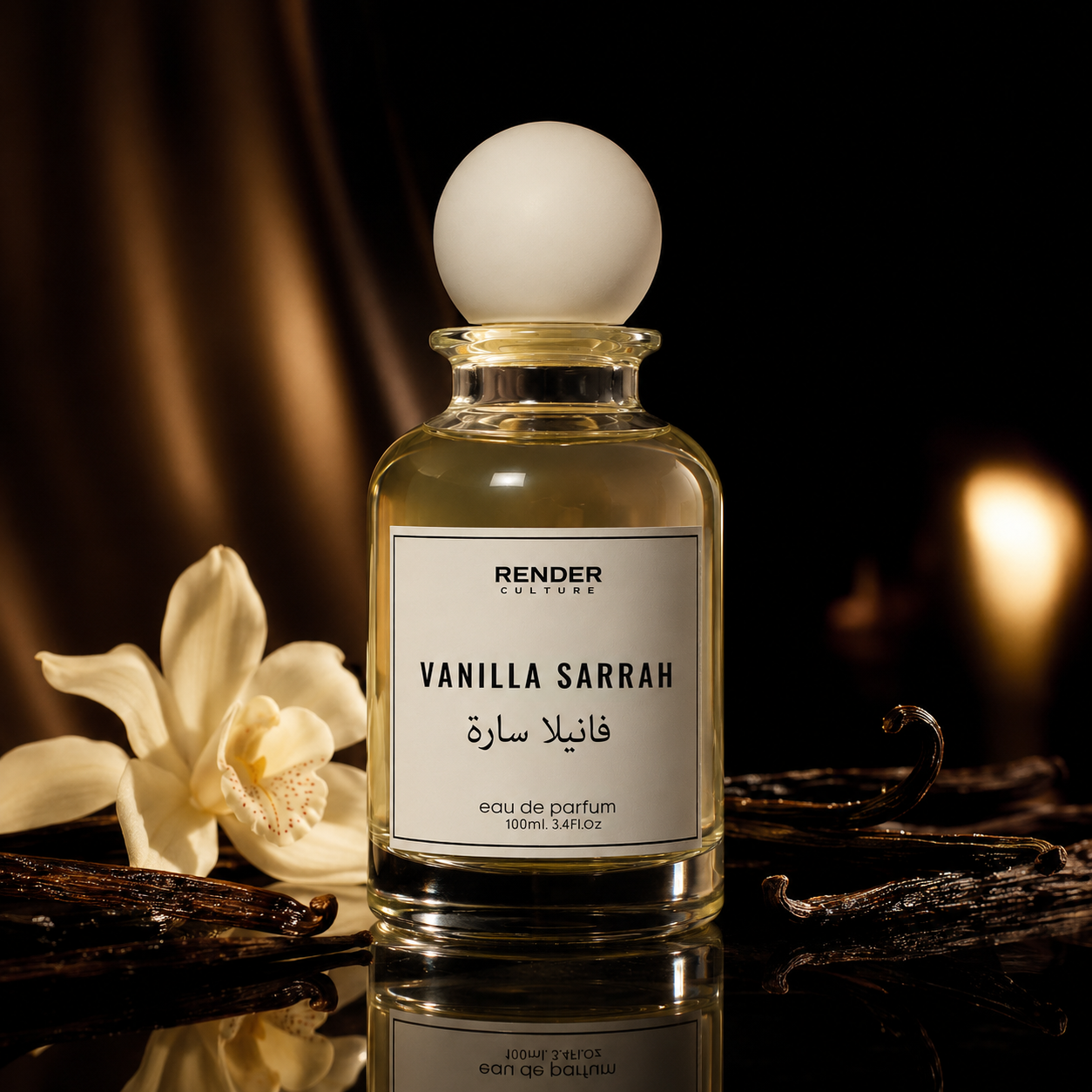 Perfume bottle labeled 'Vanilla Sarrah' with a white flower and dark background