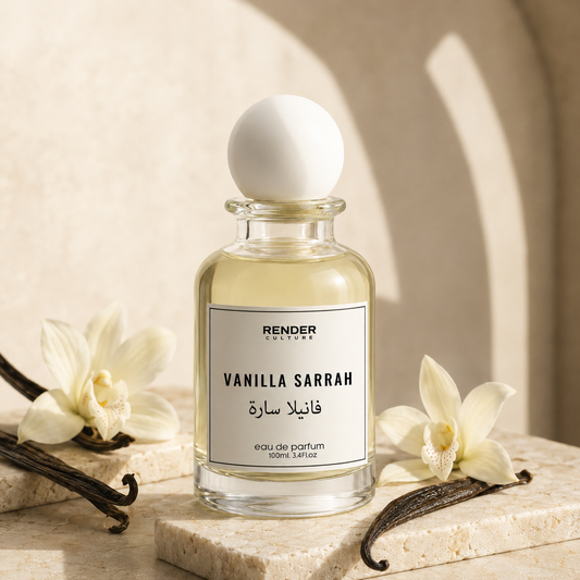 Vanilla Sarrah perfume bottle with vanilla flowers and vanilla beans on a marble surface