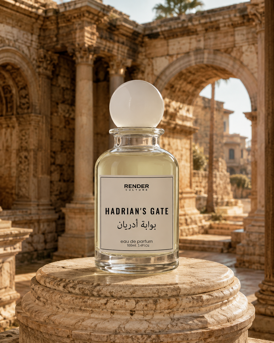 Render Parfums Hadrian's Gate perfume bottle in front of ancient ruins