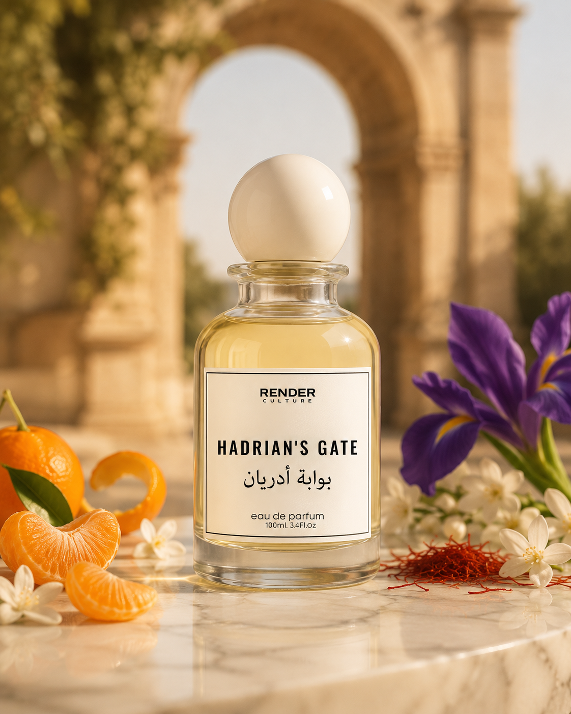 Perfume bottle labeled 'Hadrian's Gate' with oranges, saffron, and flowers on a marble surface.