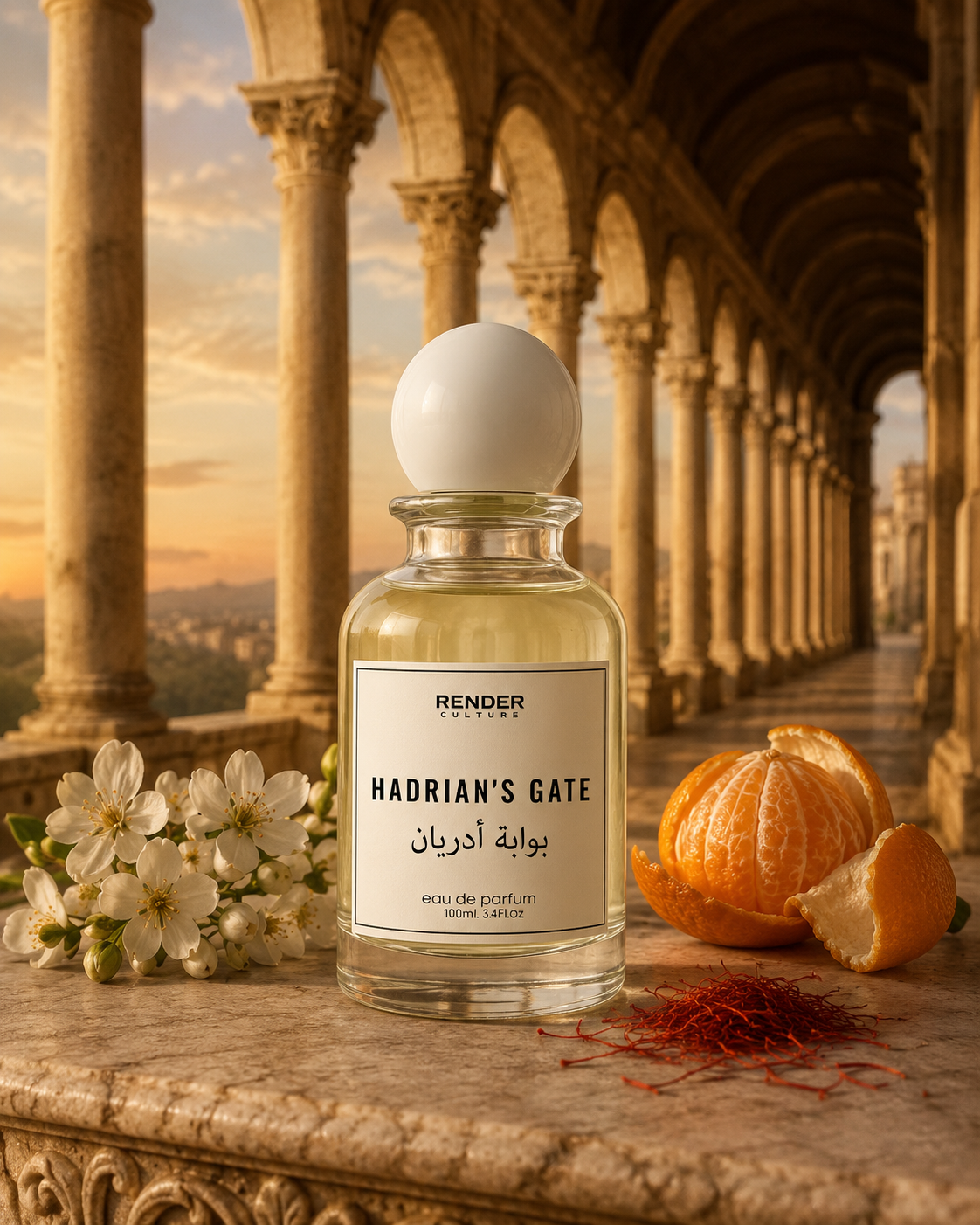 Perfume bottle labeled 'Hadrian's Gate' with flowers and oranges on a classical architecture background