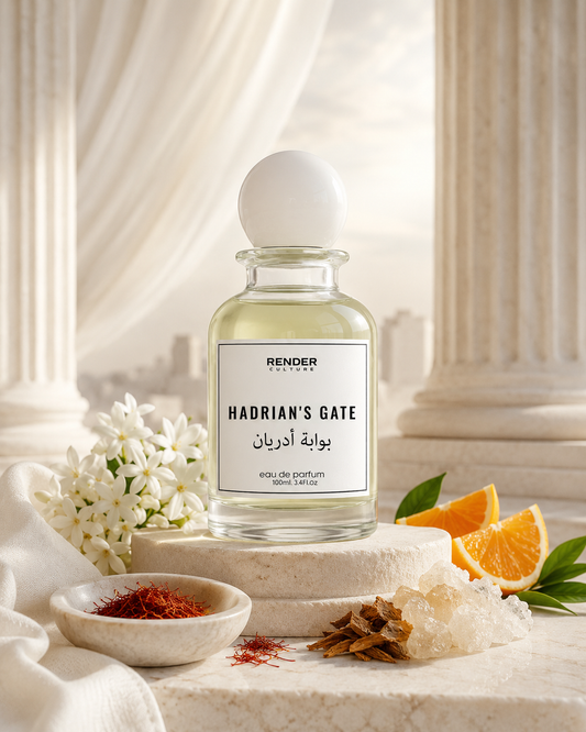 Perfume bottle labeled 'Hadrian's Gate' with decorative elements on a classical architectural background