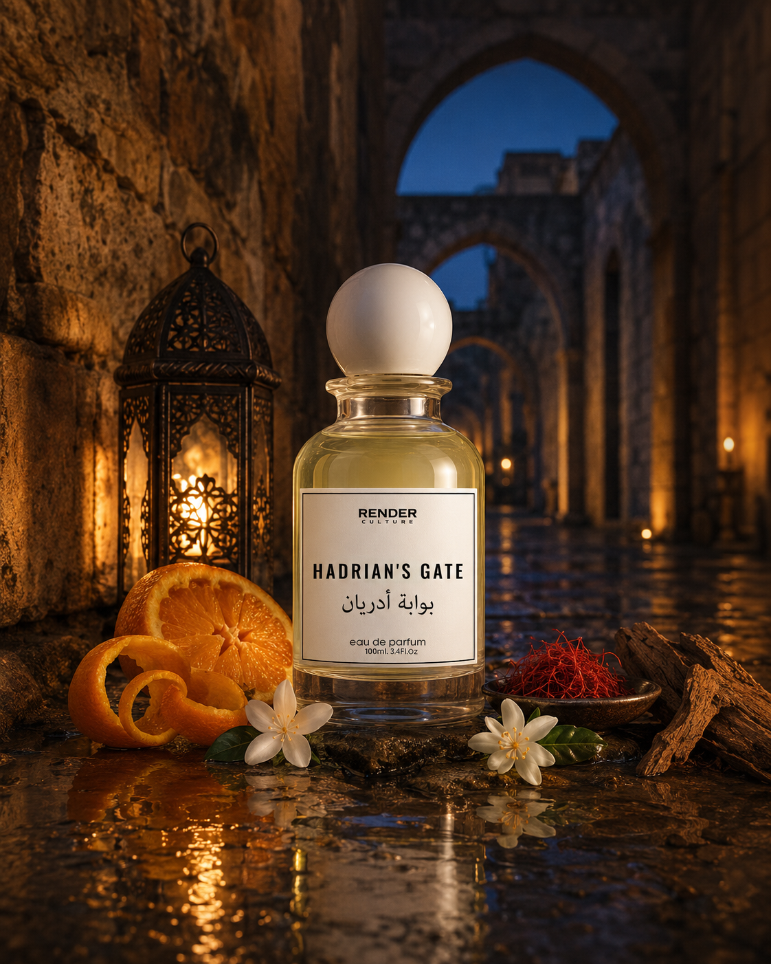 Perfume bottle labeled 'Hadrian's Gate' with decorative elements in a mystical setting.
