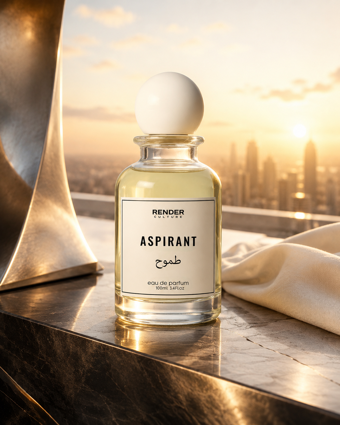 Perfume bottle labeled 'ASPIRANT' by Render Culture on a reflective surface with a cityscape in the background.
