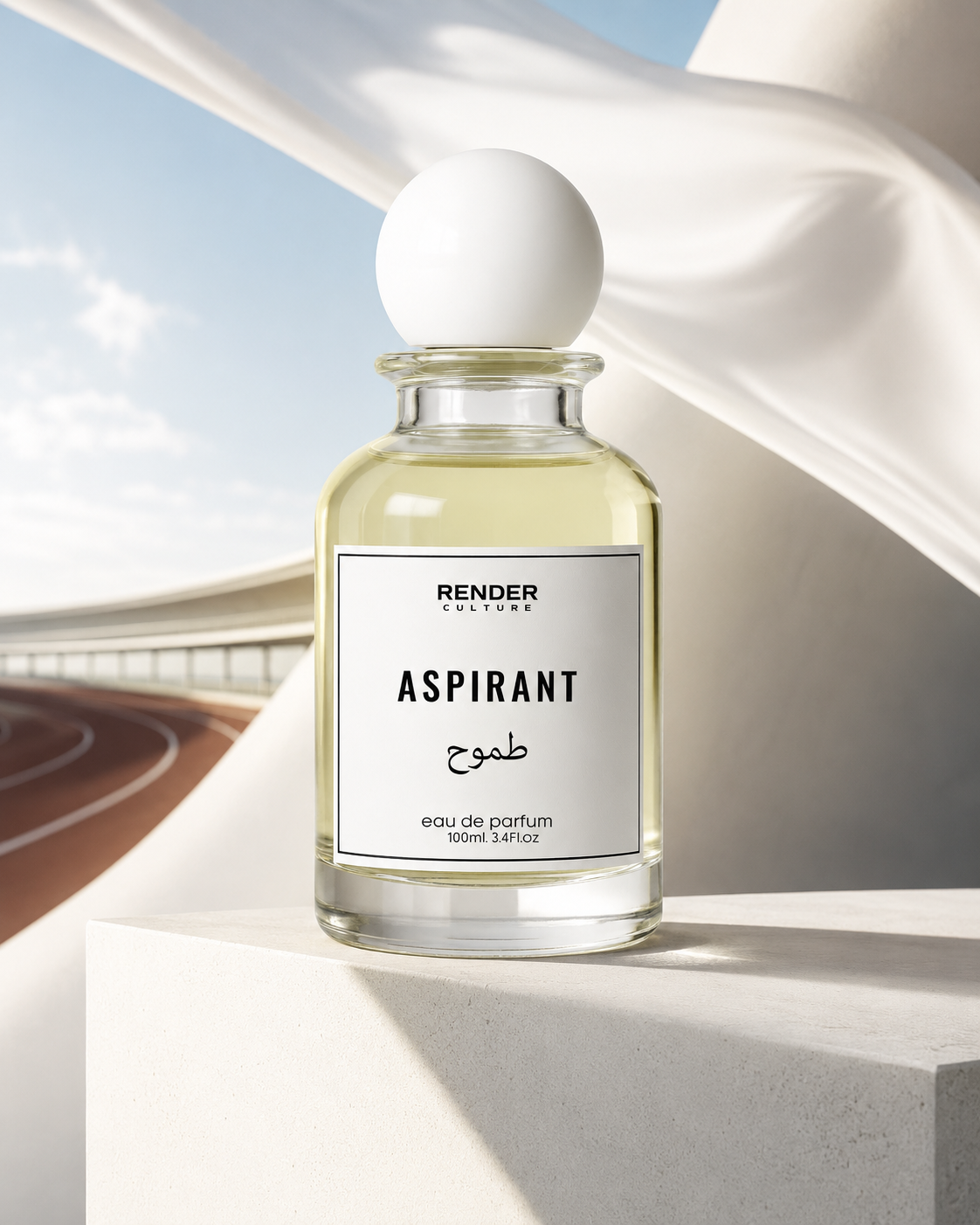 Perfume bottle labeled 'ASPIRANT' by Render Parfums on a modern architectural background