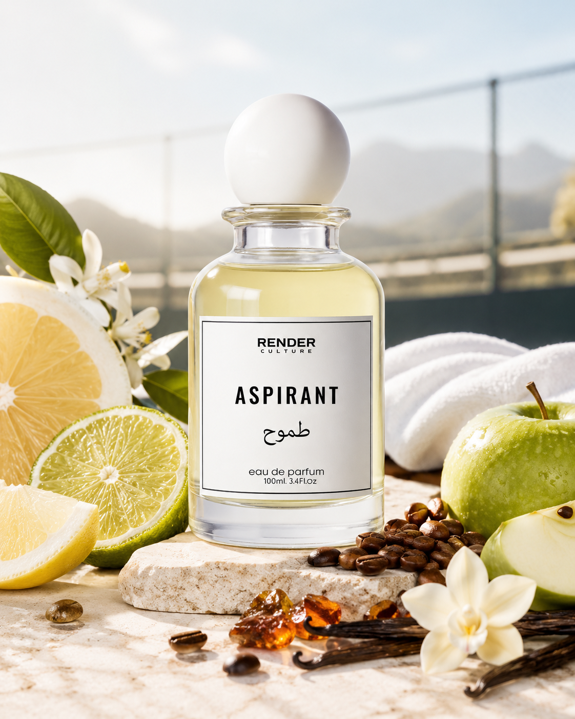 Perfume bottle labeled 'ASPIRANT' with lemons, limes, and apples on a stone surface.