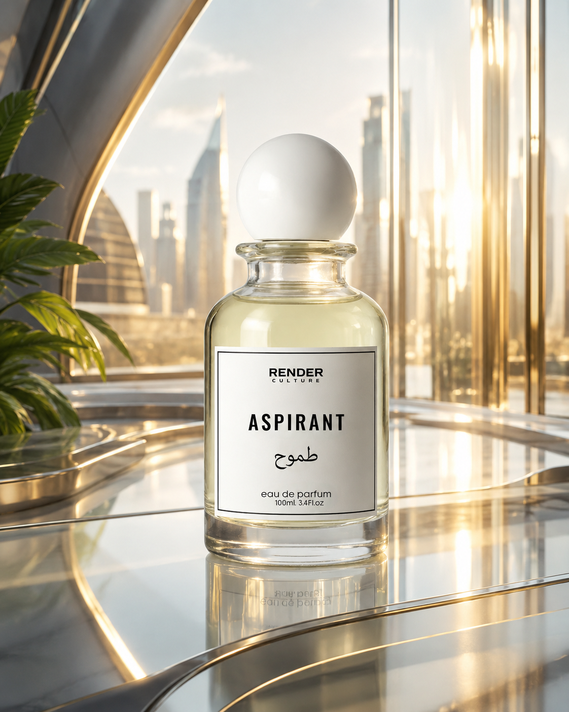 Perfume bottle labeled 'ASPIRANT' by Render on a reflective surface with a blurred cityscape background.