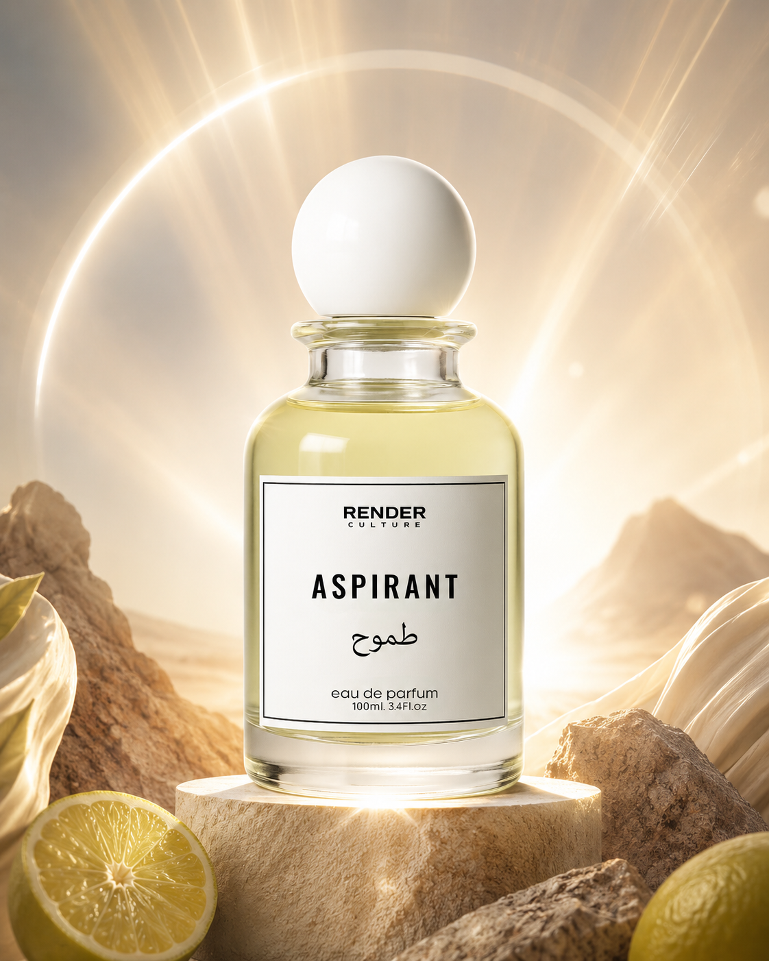 Perfume bottle labeled 'Aspirant' by Render Parfums with a mountainous background