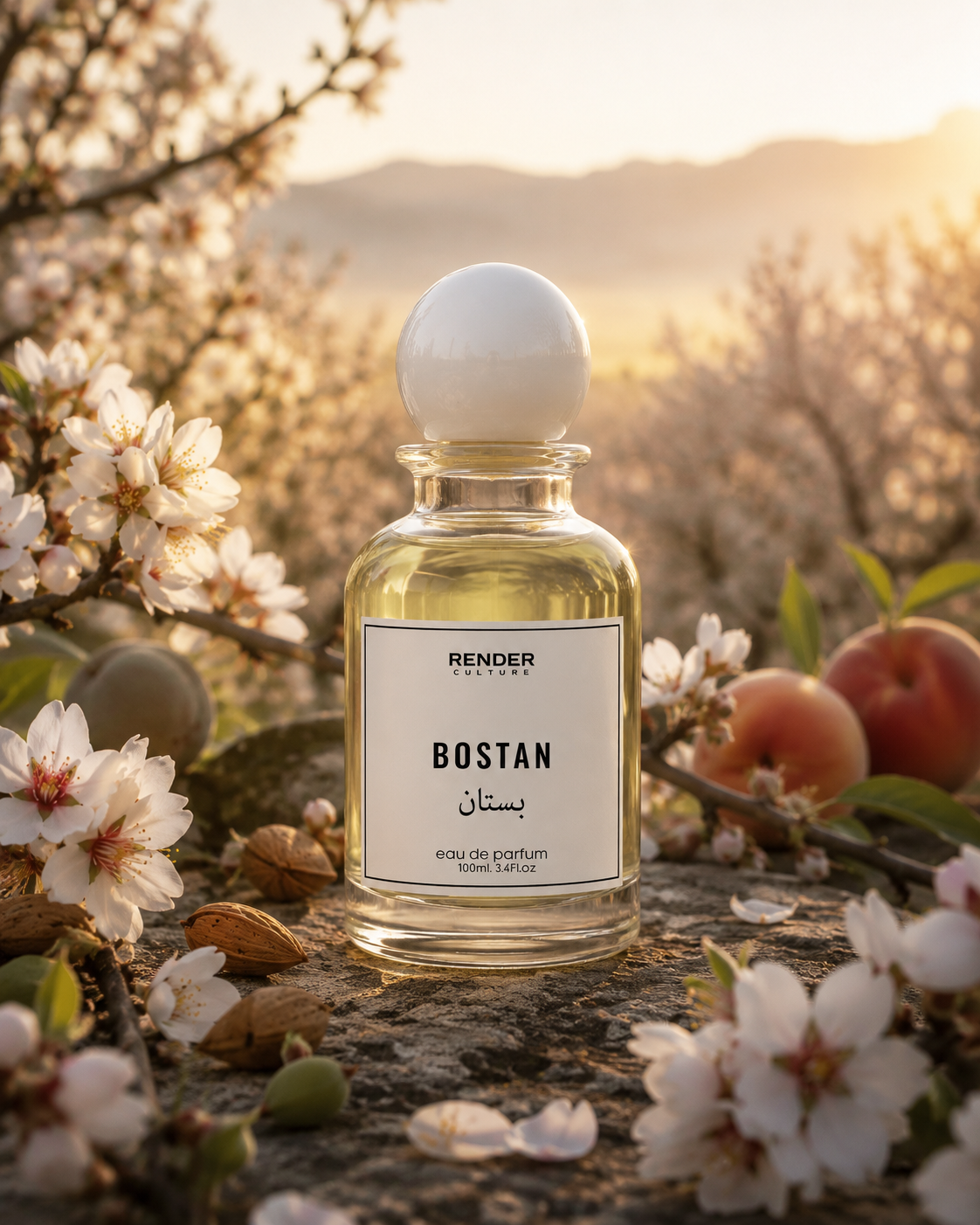 Perfume bottle labeled 'Bostan' surrounded by flowers and peaches with a scenic background