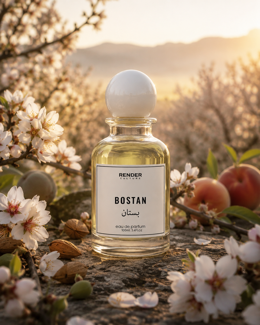 Perfume bottle labeled 'Bostan' surrounded by flowers and peaches with a scenic background