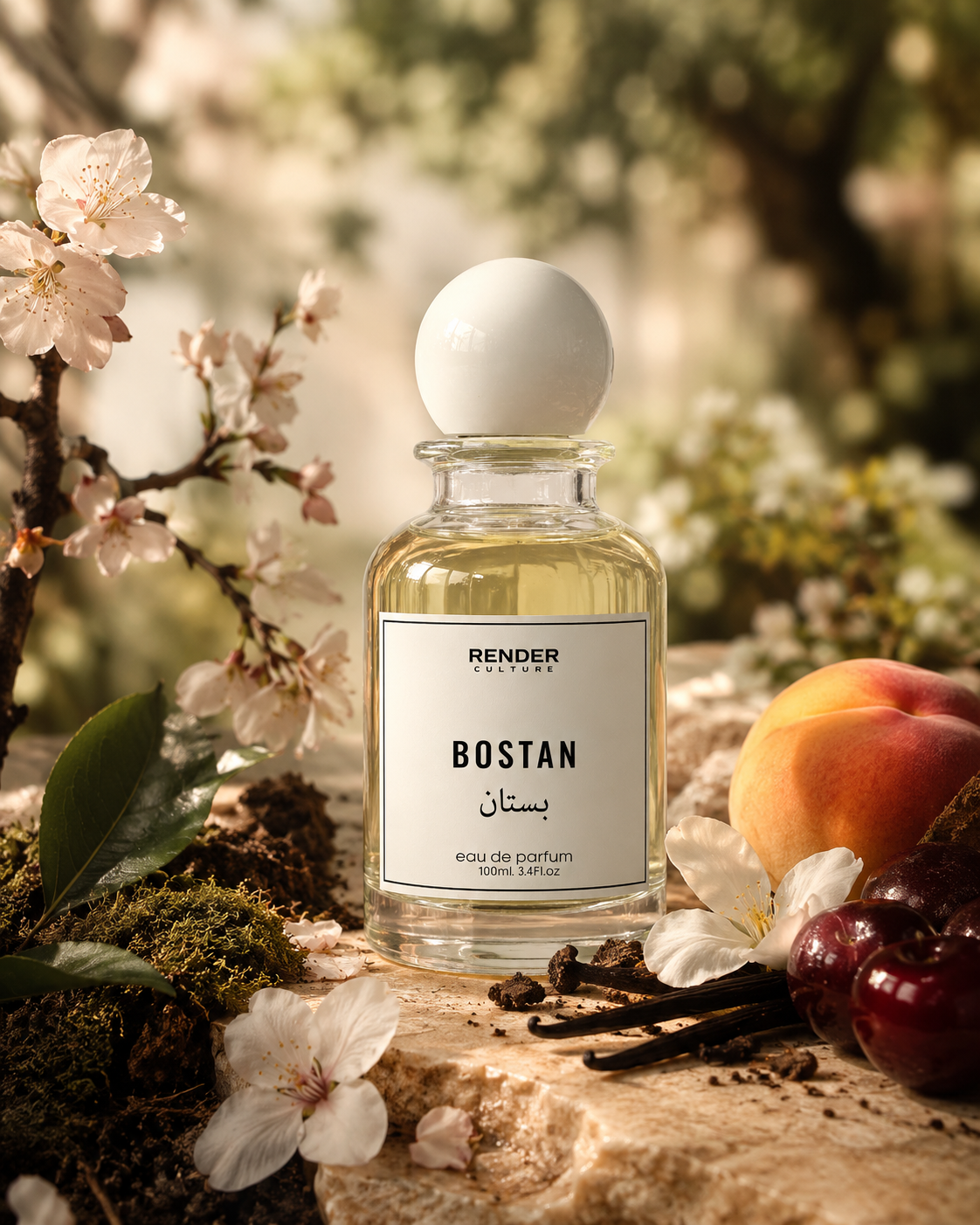 Perfume bottle labeled 'Bostan' with flowers and fruits on a natural background