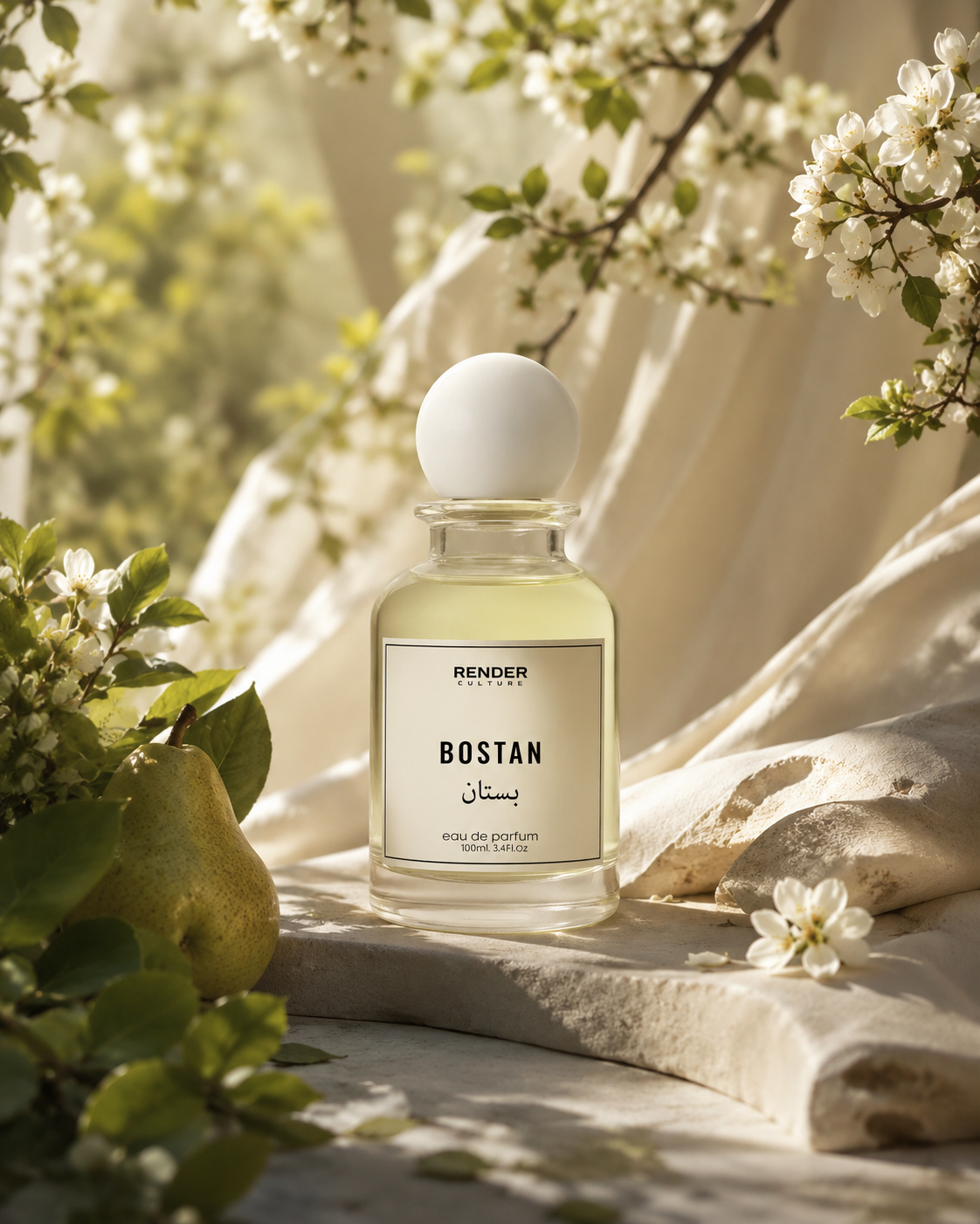 Perfume bottle labeled 'Bostan' with floral and natural elements in the background