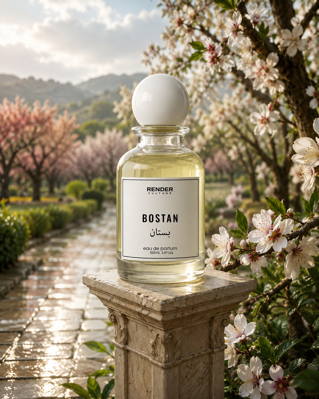 Perfume bottle labeled 'Bostan' by Render Paris in a garden setting with cherry blossoms.