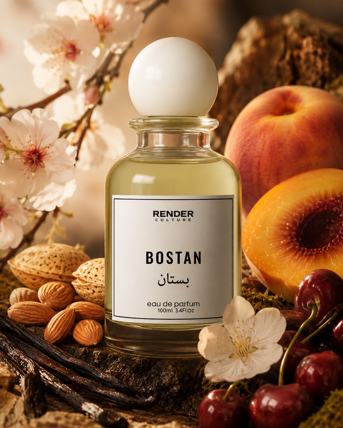 Perfume bottle labeled 'Bostan' with fruits and flowers in the background