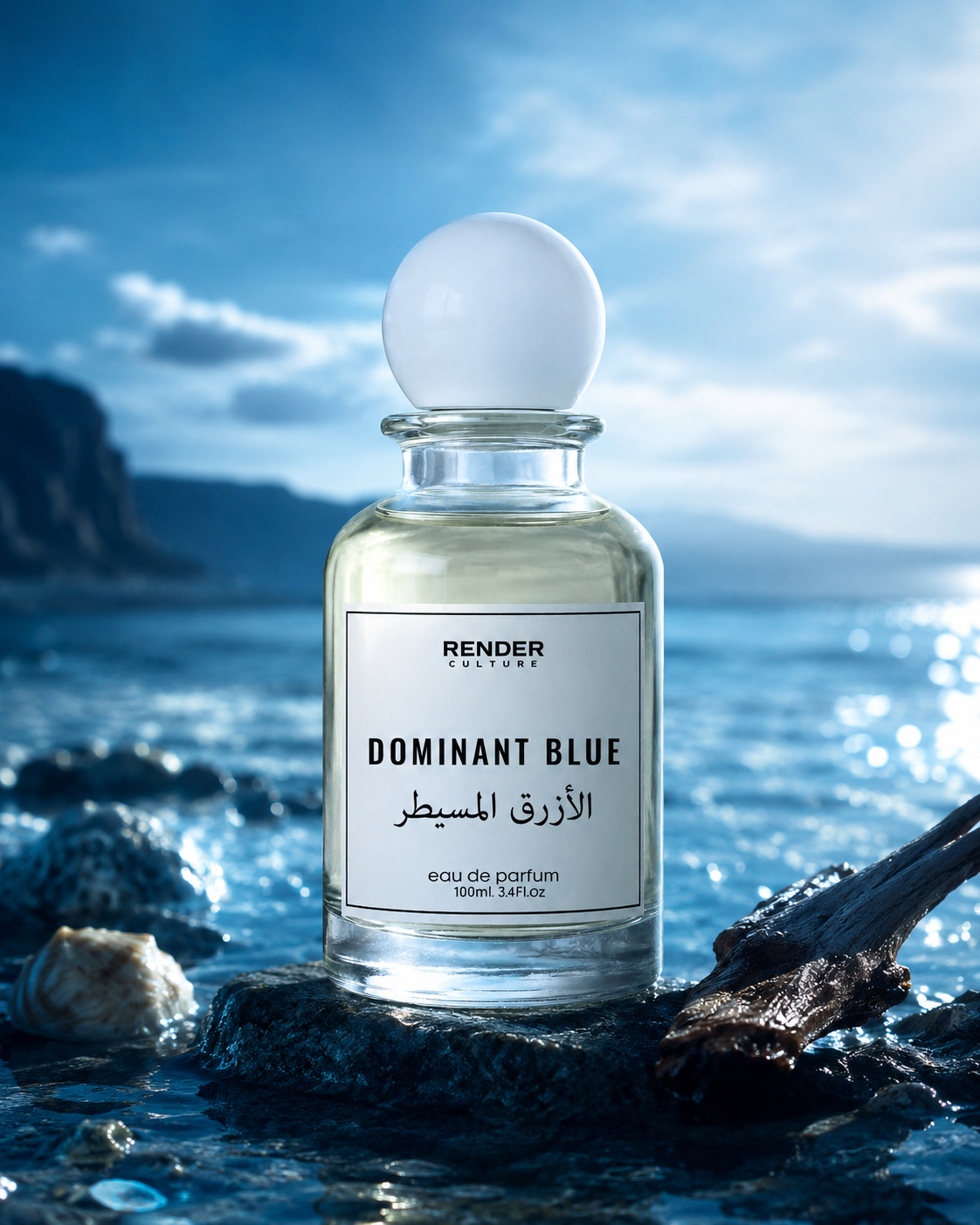 Perfume bottle labeled 'Render Dominant Blue' on a rocky beach with ocean view