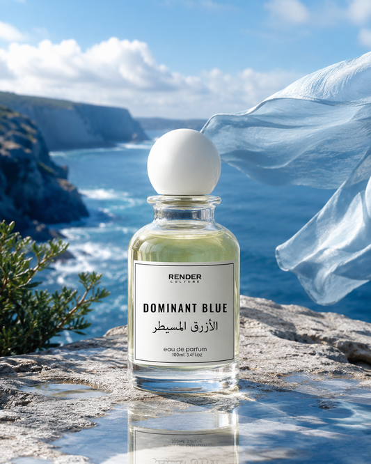 Perfume bottle labeled 'Render Dominant Blue' on a rocky cliff with ocean view