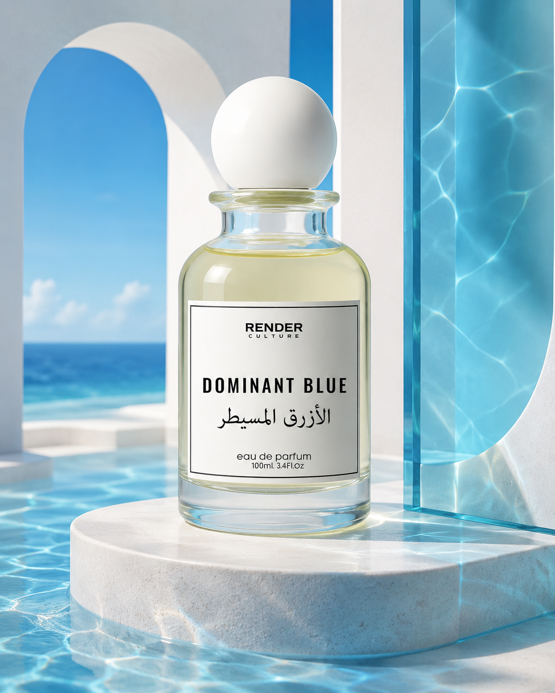 Perfume bottle labeled 'Dominant Blue' by Render Culture on a platform with a beach background