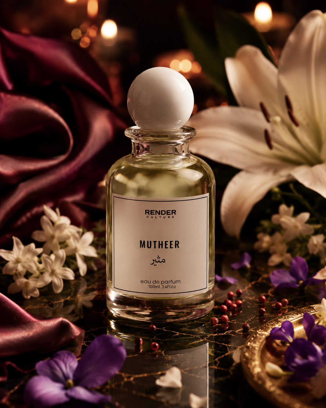 Perfume bottle labeled 'Mutheer' with flowers and fabric in the background