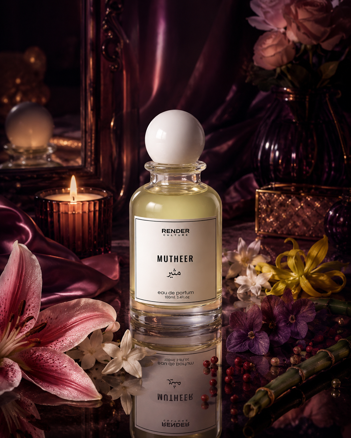 Perfume bottle labeled 'Mutheer' surrounded by flowers and candles on a dark background