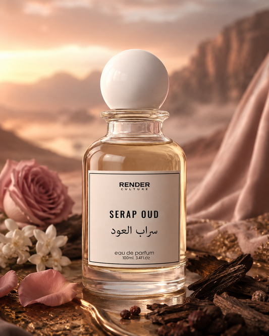 Perfume bottle labeled 'SERAP OUD' with flowers and spices on a scenic background