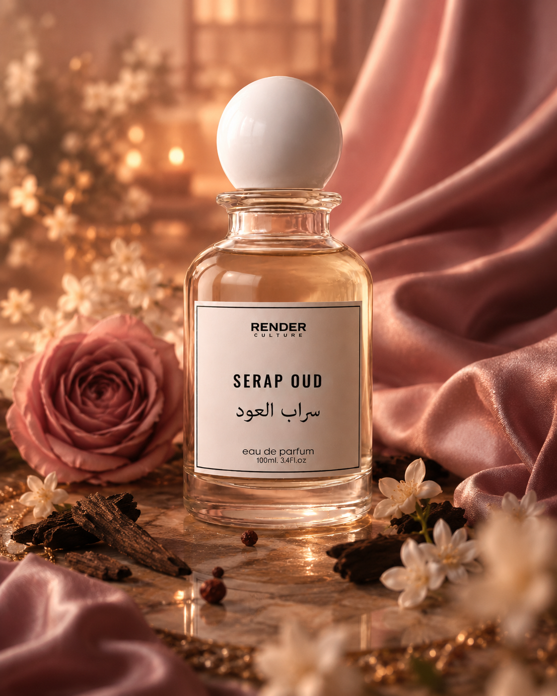 Perfume bottle labeled 'SERAP OUD' by Render Parfums with flowers and fabric in the background