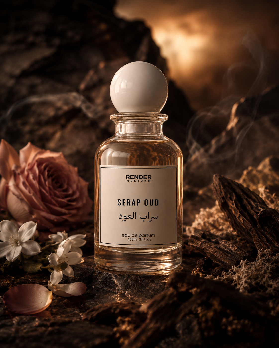 Perfume bottle labeled 'Seraf Oud' with flowers and spices in the background