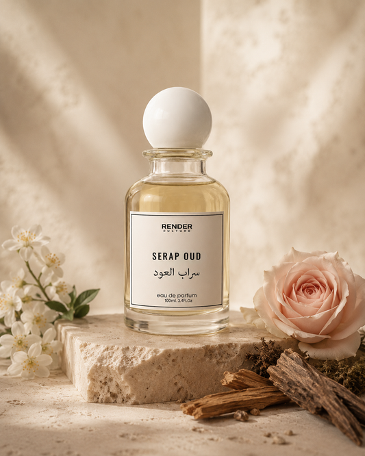 Perfume bottle labeled 'Render' with flowers and wood pieces on a neutral background