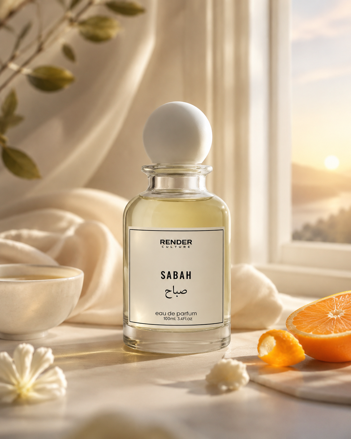 Render Sabah eau de parfum bottle with orange and flowers on a soft background
