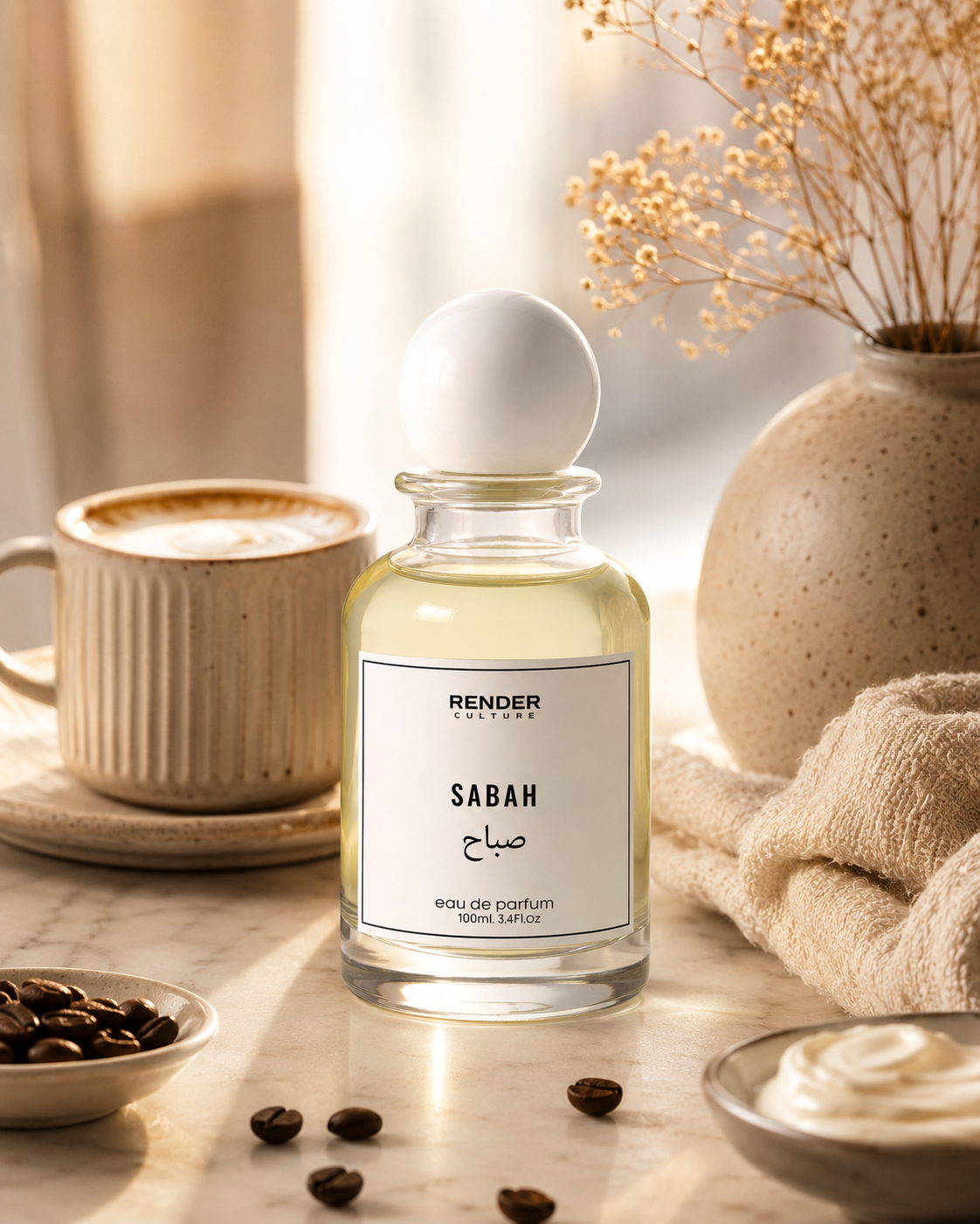 Perfume bottle labeled 'SABAH' by Render Parfums on a table with coffee and decor.
