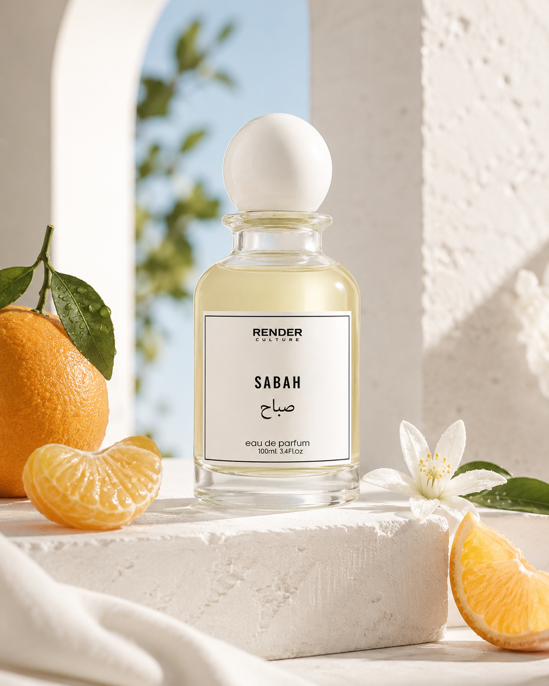 Perfume bottle labeled 'Sabah' by Render with oranges and a flower on a light background