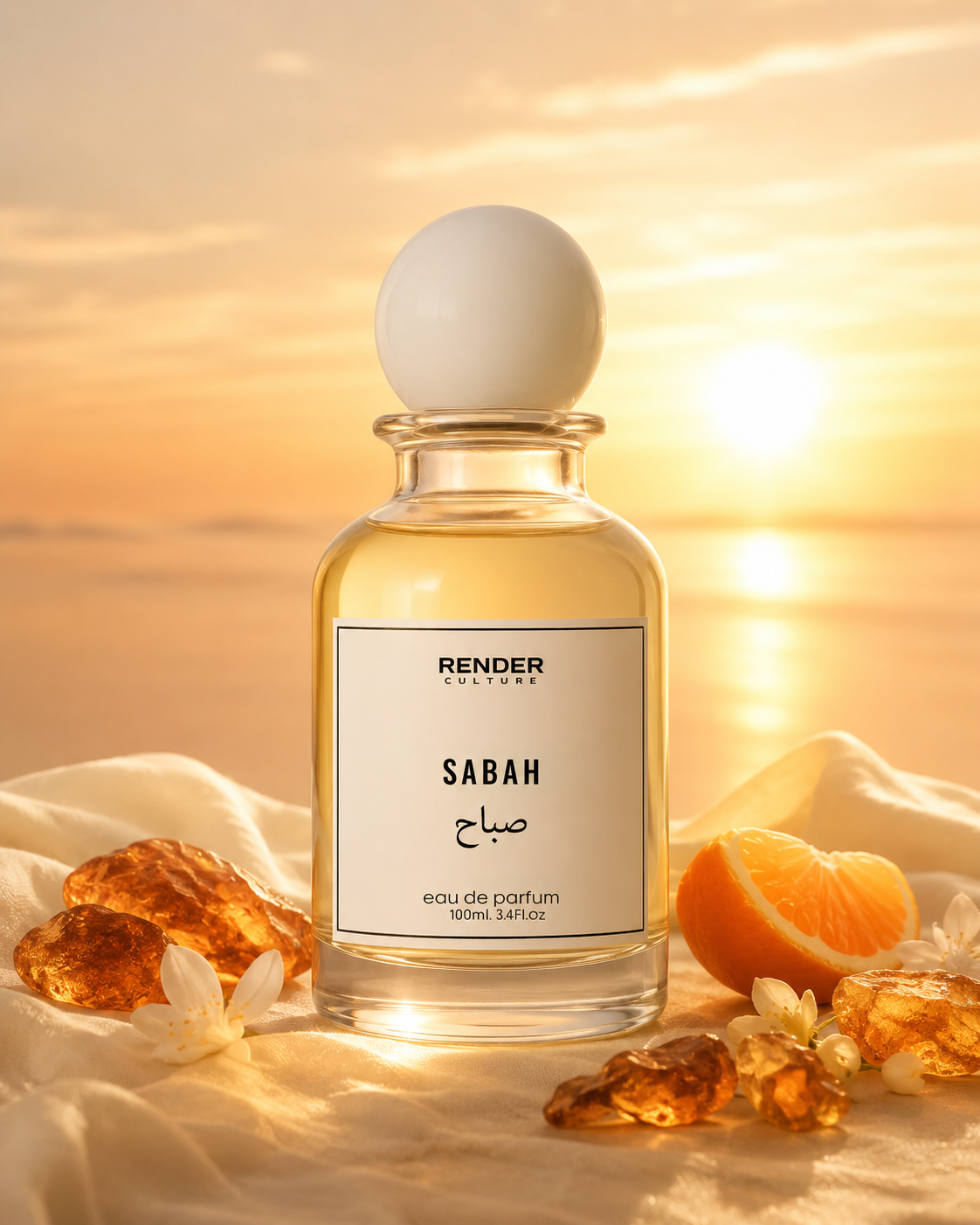 Perfume bottle labeled 'Sabah' withRender Cultures branding against a warm, sunset-like background.