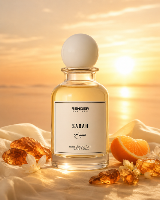 Perfume bottle labeled 'Sabah' withRender Cultures branding against a warm, sunset-like background.