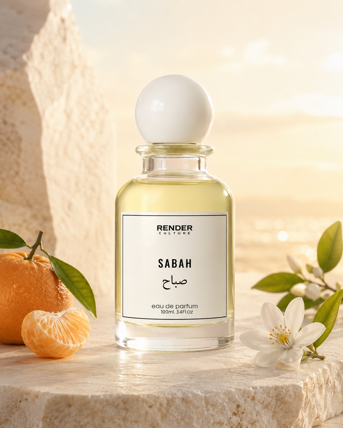 Render Sabah eau de parfum bottle with mandarin orange and flowers on a light background