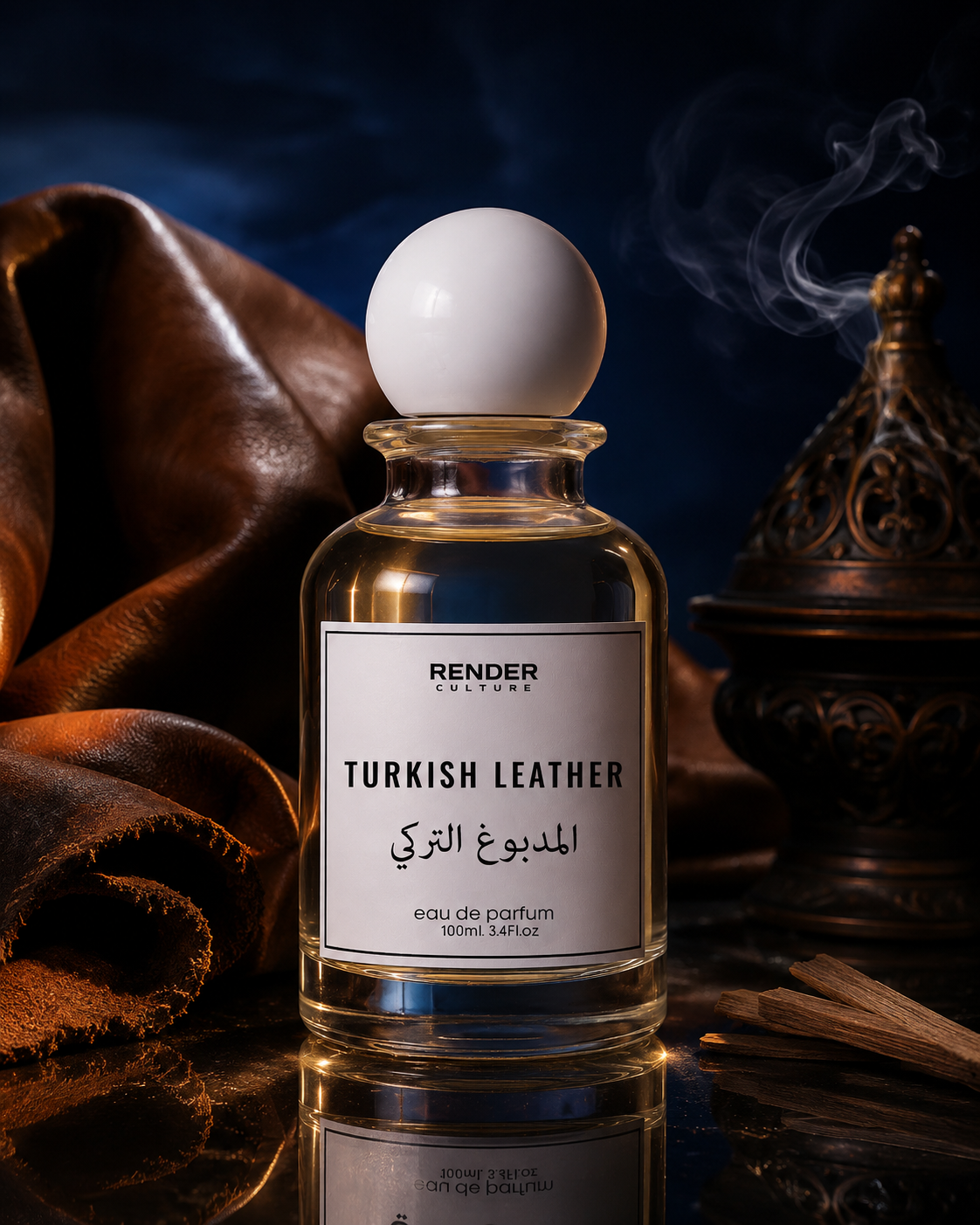 Perfume bottle labeled 'Turkish Leather' by Render Culture with a white sphere on top, surrounded by leather and incense.