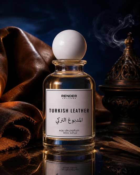 Perfume bottle labeled 'Turkish Leather' by Render Culture with a white sphere on top, surrounded by leather and incense.