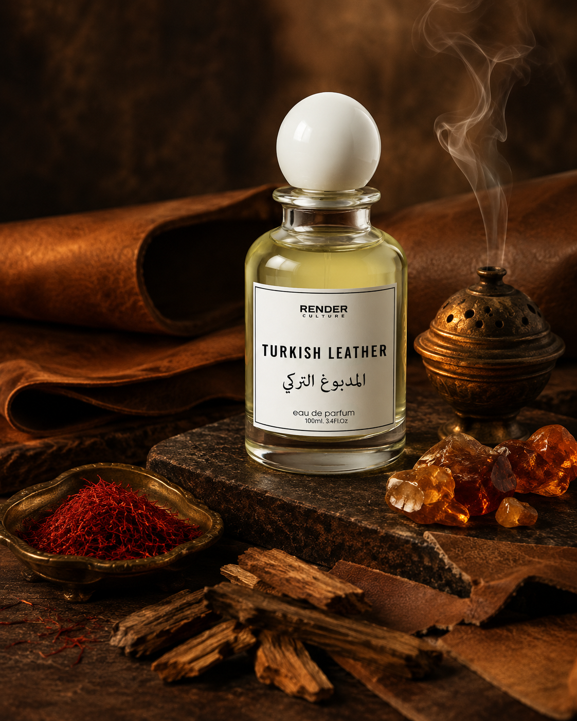 Perfume bottle labeled 'Turkish Leather' with incense and spices on a dark surface