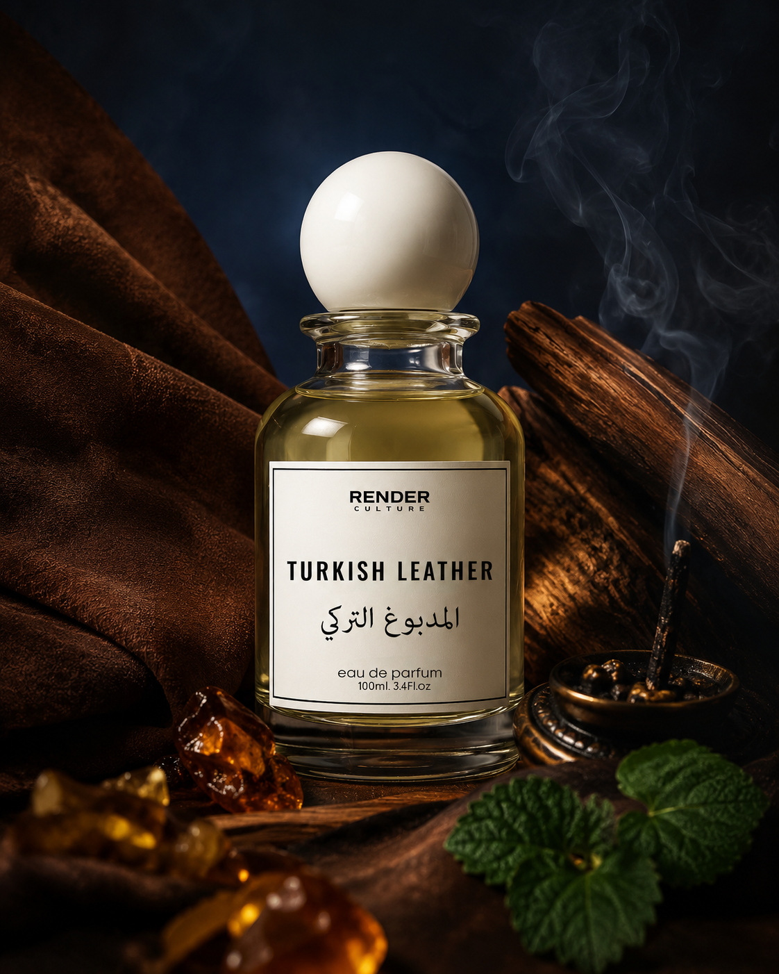 Perfume bottle labeled 'Turkish Leather' with decorative elements on a dark background