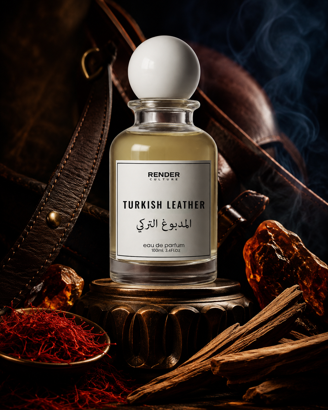 Perfume bottle labeled 'Turkish Leather' with spices and leather in the background