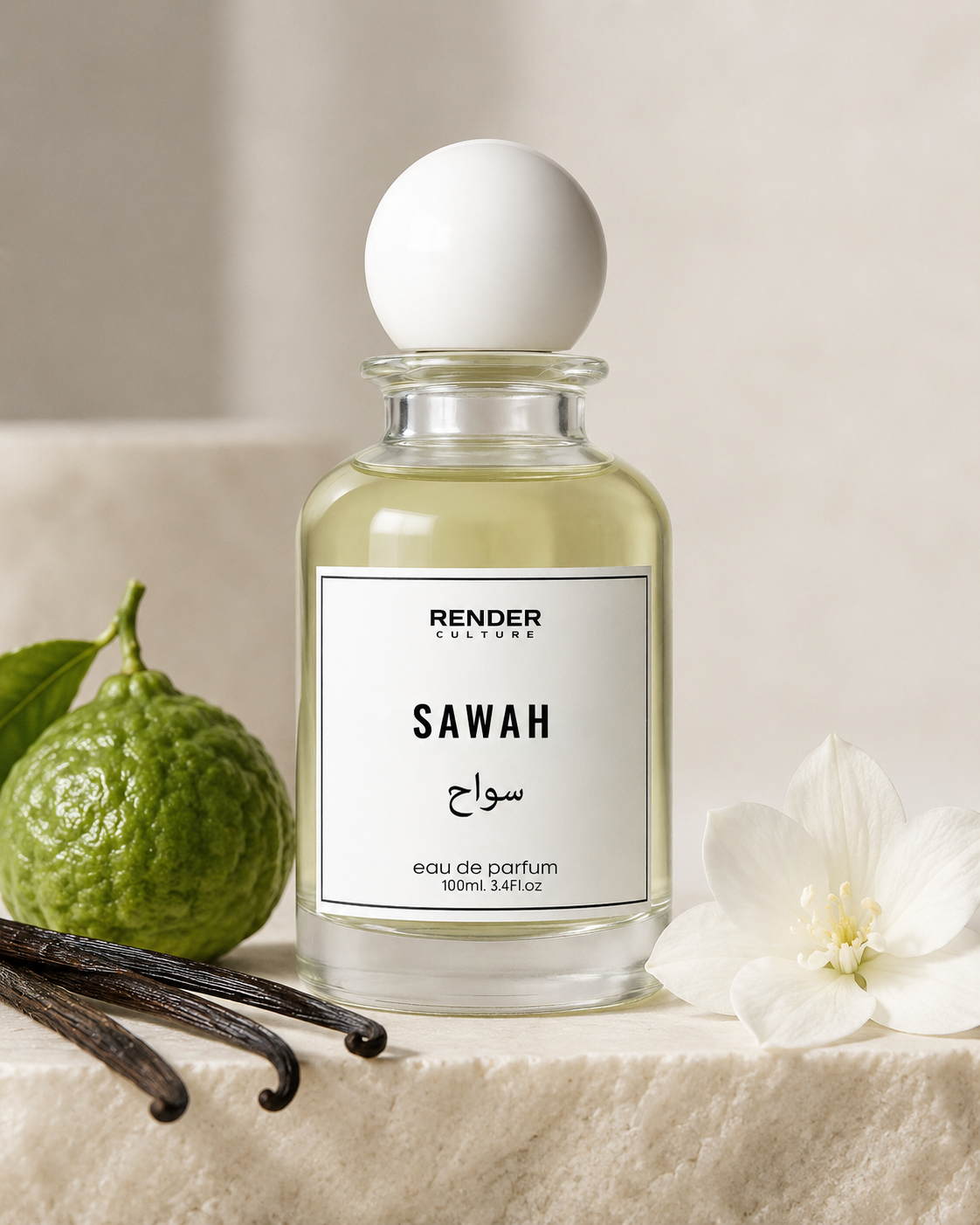 Perfume bottle labeled 'Sawah' with vanilla beans and a lemon on a neutral background