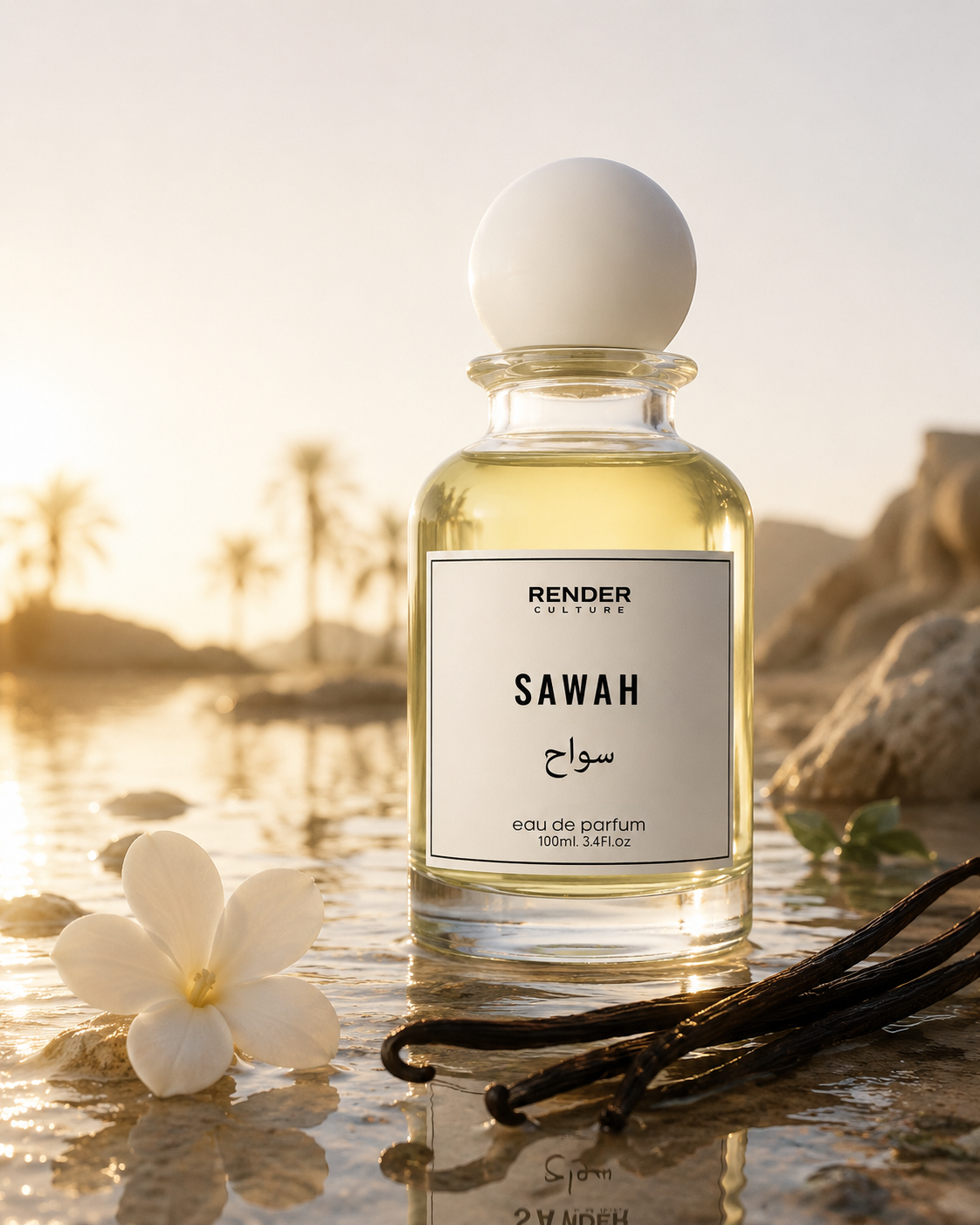 Perfume bottle labeled 'Sawah' with a white flower and vanilla bean on a reflective surface.