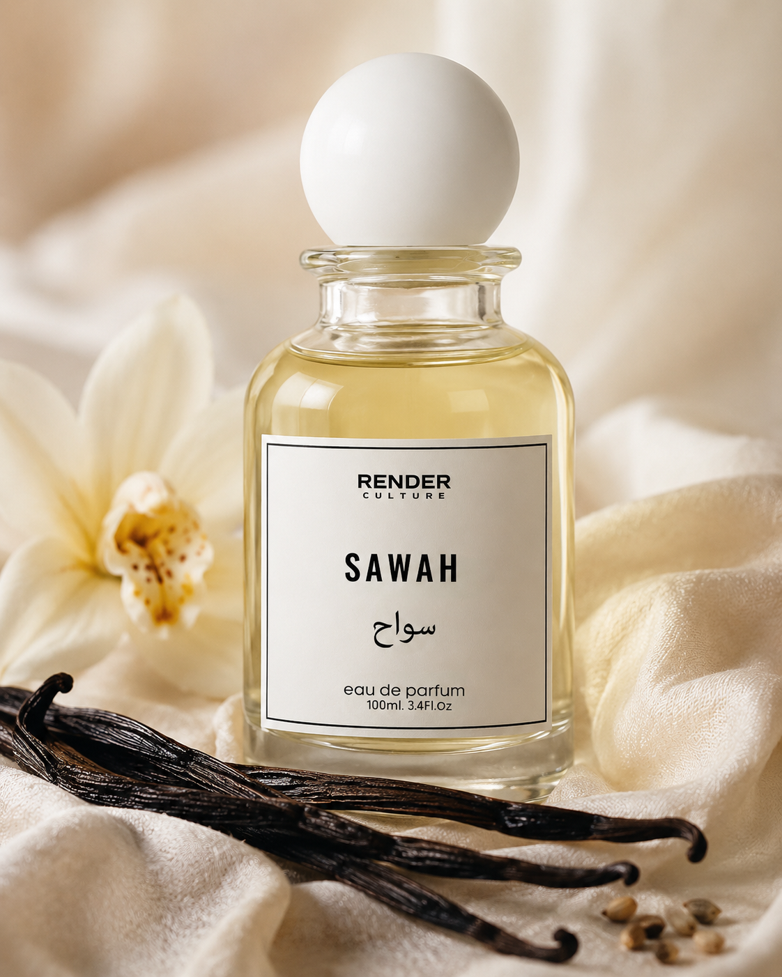 Perfume bottle labeled 'Sawah' by Render Culture with vanilla beans and flowers on a soft background.