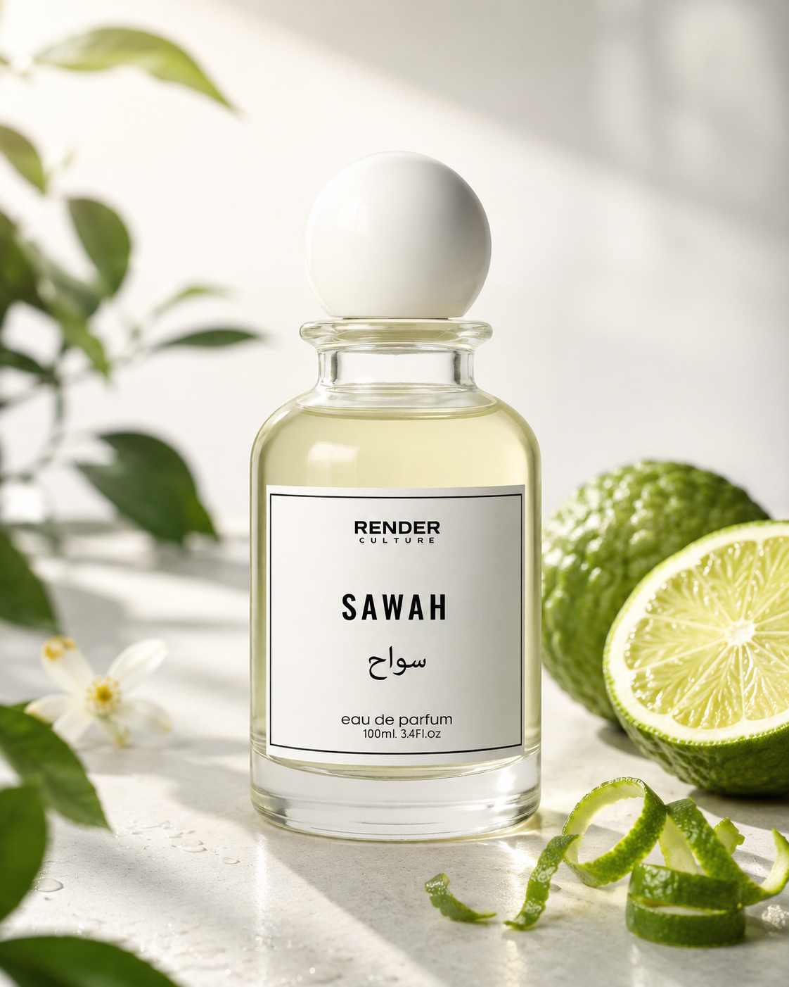 Render Parfums Sawah perfume bottle with lime and leaves on a light background