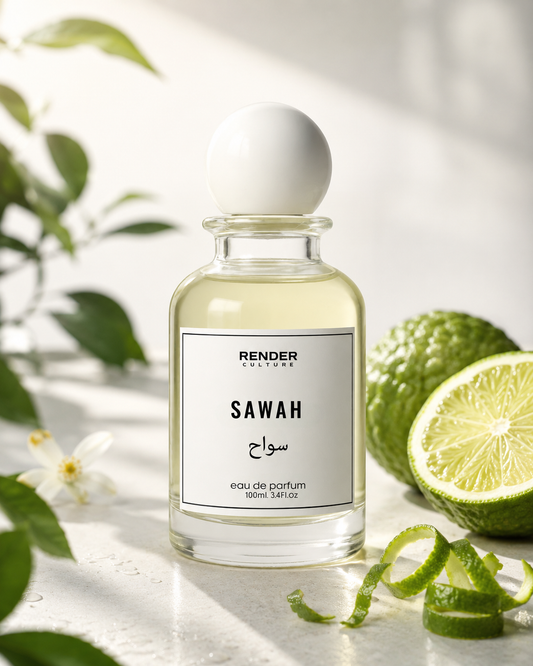 Render Parfums Sawah perfume bottle with lime and leaves on a light background