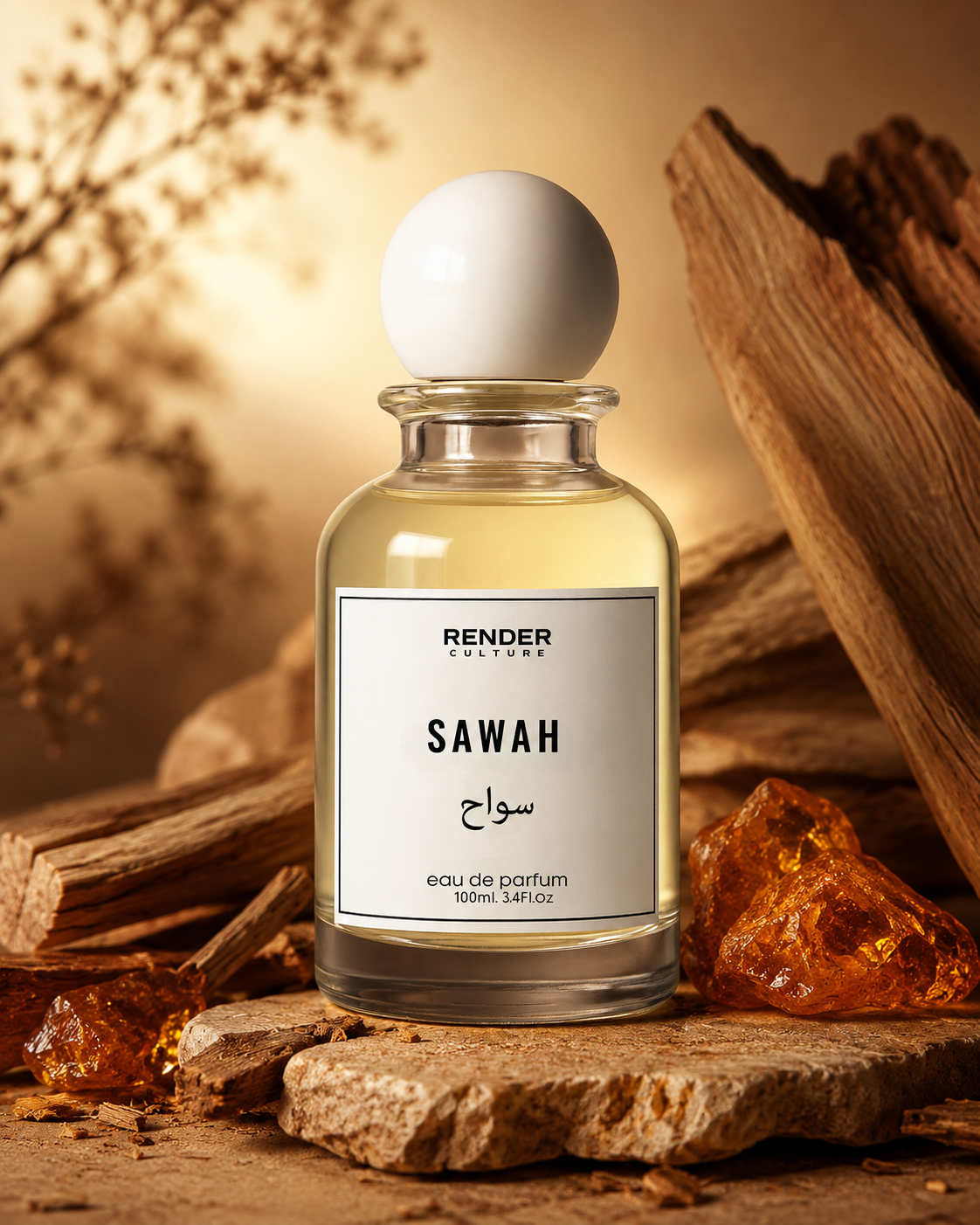 Perfume bottle labeled 'Sawah' by Render Culture with a warm, earthy background.